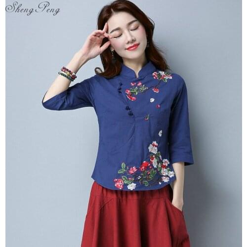 Chinese Style Clothing Women Embroidery Folklore Vintage Shirt Female Ethinc Blouse Spring Ladies Chinese Tops V1811