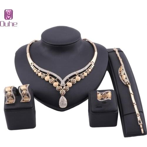 Women Bridal Gift Nigerian Wedding Necklace Earring Bangle Ring Jewelry Set Fashion Dubai Gold Color Crystal Jewelry Sets