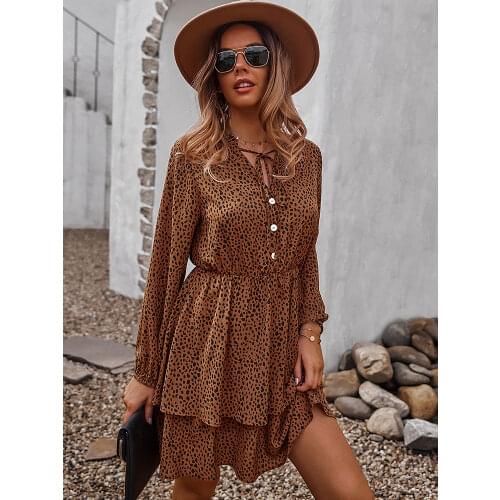 2021 New Autumn Winter Leopard Dress Women Casual Dot Print Double Layer Ruffles Above Knee Short Dresses Ladies Holiday Syle