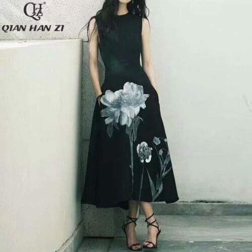 Qian Han Zi Designer runway fashion summer dress 2021 vintage Flower print Black party sleeveless Dresses for women