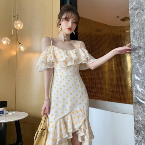 2021 Summer New Temperament Celebrity Sexy Off Shoulder Wave Point Ruffle One Line Collar Chiffon Suspender Dress