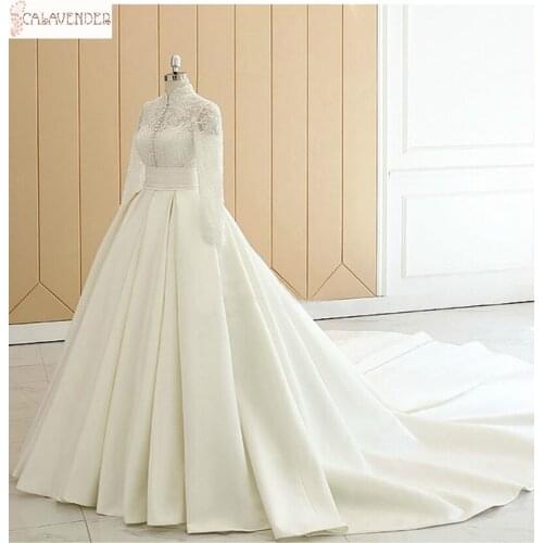 Ivory Long Sleeve Muslim Wedding Dresses High Neck Draped Skirt Lace Appliques vestidos de novia Pearls Beading Wedding Gowns