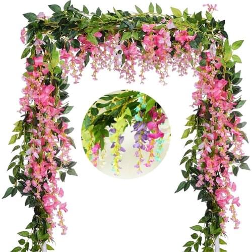 2M Wisteria Artificial Flowers Vine Garland Fake Plants Foliage Rattan Trailing Faux Flowers Ivy Wall Wedding Arch Decoration