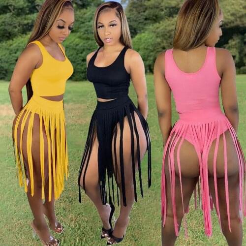 Adogirl Two Piece Set Dress Woman Sleeveless Tank Top And Long Tassel Skirt Sexy Matching Set Party Clubwear Casual Outfits