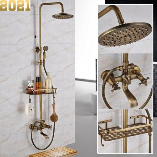 Antique Brass Wall Mounted Bathtub Shower Set Faucet Dual Handle with Commodity Shelf Long Spout Bathroom Shower Mixers Rainfall