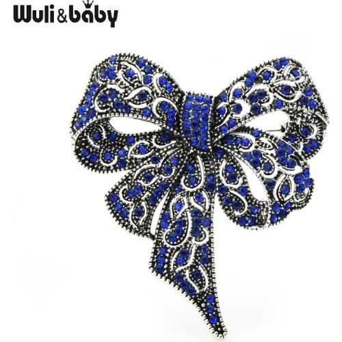 Wuli&baby Blue Rhinestone Bowknot Brooches For Women Vitage Metal Flower Weddings Party Office Brooch Pins Gifts
