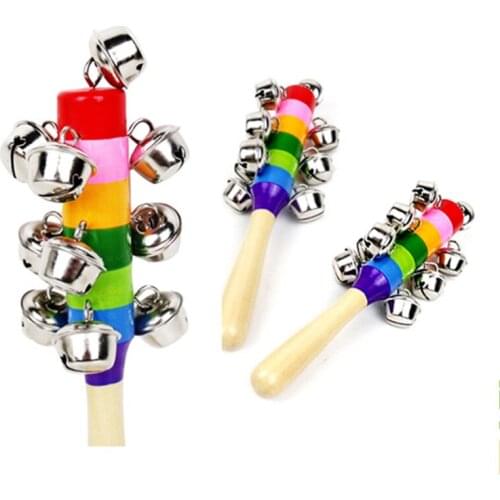 1pc Wooden Stick Toys 10 Jingle Bells Rainbow Hand Shake Bell Rattles Baby Kids Educational Toys For Children Gift