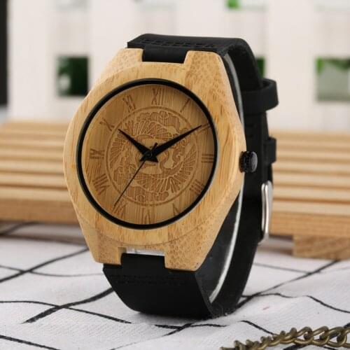 Mens Wooden Watch Handmade Leather Band Novel Pin Tree for Boy Roman Number Quartz Wristwatch for Teenager