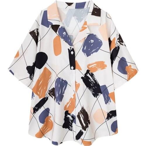 Graffiti Abstract Print Shirt Female 2021 Summer New HK Style Design Students Retro Short Sleeve Y2k Harajuku Tops Graphic Anime