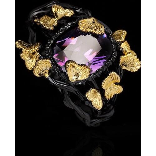 Exquisite 925 Silver Womens Black Gold Jewelry Purple Shiny Bright Zircon Ring Irregular Flower Ring Party Jewelry