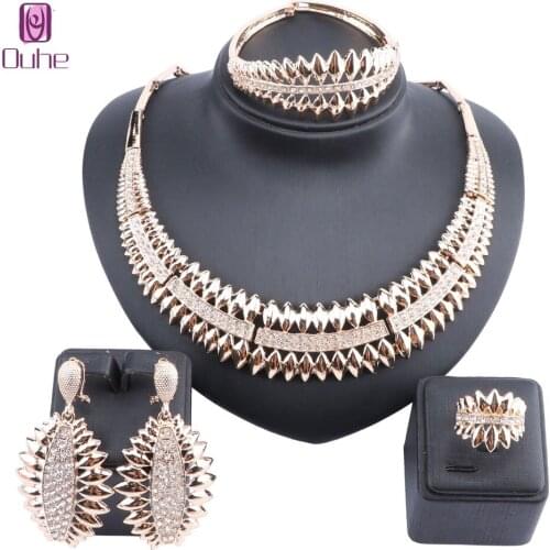 Exquisite Dubai Gold Crystal Jewelry Set Brand Nigerian Wedding Woman Accessories Statement Necklace Earring Jewelry Set
