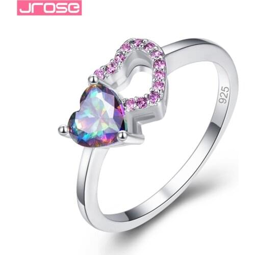 JROSE Romantic Heart Stylish Rianbow Red Cubic Zirconia Fashion Delicate Silver Ring Size 6 7 8 9 Wedding Beautiful Gifts