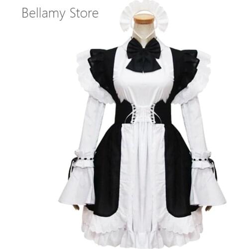 Hand made Classic Lolita lace bow Ruffle black and white Maid Dress