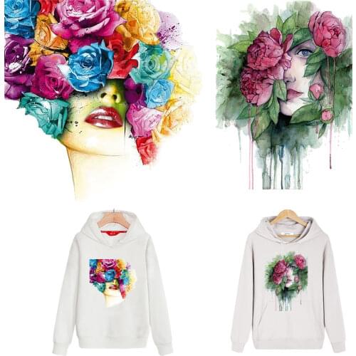 Beautiful Watercolor Iron On Patches Heat Transfer Vinyl Fashion Girl Sticker For Clothes DIY A-level Washable T-shirt Stickers