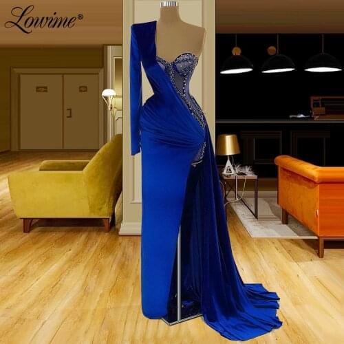 Lowime Royal Blue One Shoulder Party Dress Illusion Tulle With Crystals Beaded Long Prom Dresses Dubai Arabic Plus Evening Gown