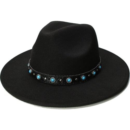 LUCKYLIANJI Retro Kid Child Vintage 100% Wool Wide Brim Cap Fedora Panama Jazz Bowler Hat Turquoise Leather Band (54cm/Adjusted)