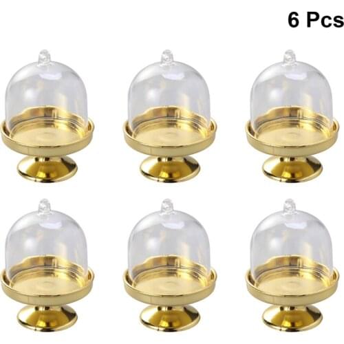 6pcs Mini Cake Stand Shape Candy Box Transparent Tray Modeling Sugar Holder Wedding Favor Boxes Party Supplies (Golden Base)