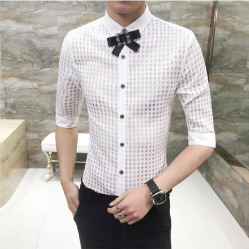 New Summer Mens Personality Transparent Lattice 7 Seven-point Sleeve Shirt Male Hair Stylist Slim Handsome Bow Tie Shirts