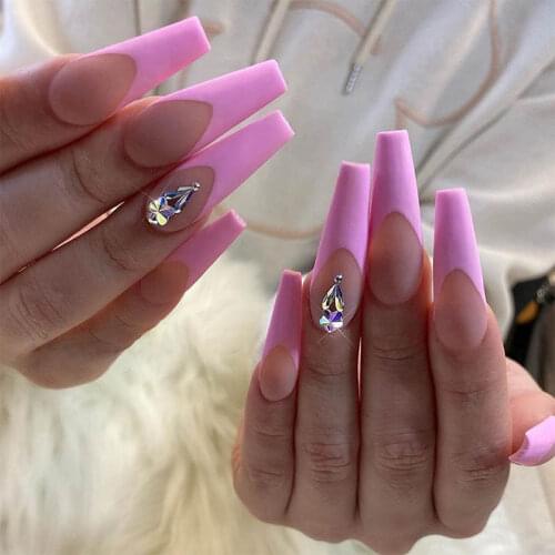24pcs/box fake long fingernail Peach Pink French plum blossom drill water drop Ballet decorated false nails press on