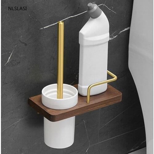 Wall-mounted Punch-free Solid Wood Toilet Brush Set Home Bathroom Accessories Toilet Brush Holder Ceramic Base Toilet Brush