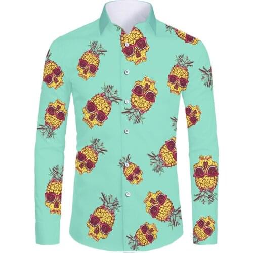 OGKB Men Slim 3D Print Pineapple Skull Long Sleeve Shirts Fashion Party Holiday Casual Flower Shirt Homme Plus Size Dropshipping