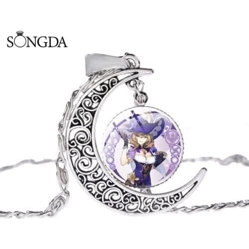 Genshin Impact Character Moon Shape Pendant Necklace Online Game Cosplay Two Dimensional Element Glass Cabochon Jewelry Fan Gift