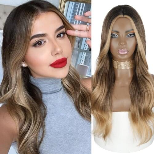 AZQUEEN Ombre Brown Blonde Womens wigs Long Wavy Middle Part Wig Cosplay Lolita Party Synthetic Wig for Women Afro American Wig