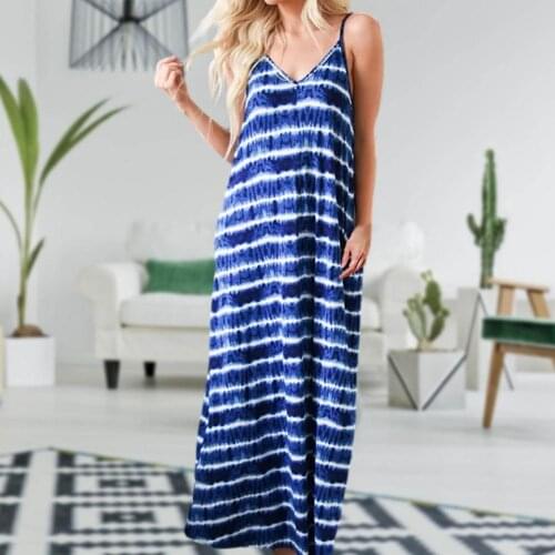 Floor-length Dress Summer Maxi Long Dress 2021 Drawstring Loose V-neck Striped Print Flat Knitting Robe Large Hem Urban Casual