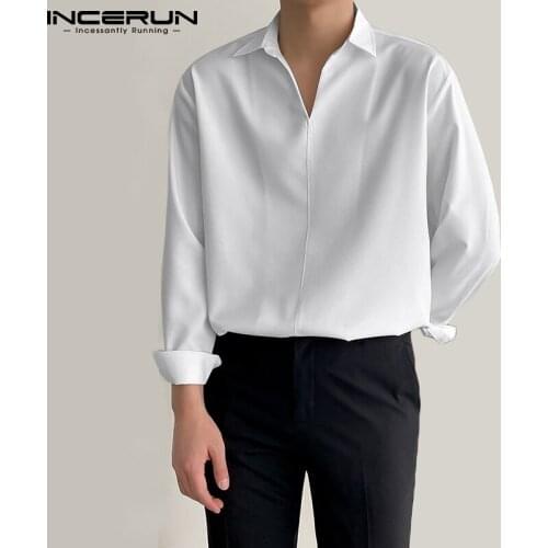 INCERUN Men Casual Shirt Turn Down Collar 2021 Solid Color Long Sleeve Loose Korean Men Clothing Streetwear Leisure Camisa S-3XL