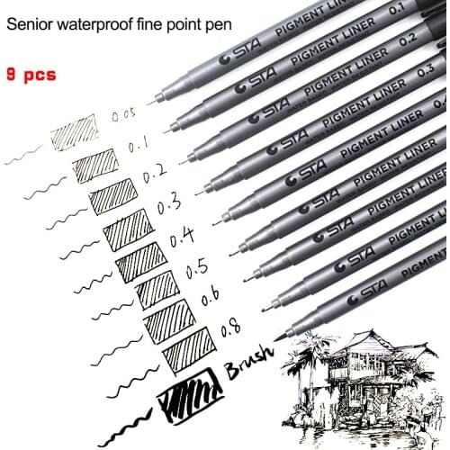 9pc Senior Waterproof Fine Point Pen Pigment Liner Pen Set for Sketch Markers STA Illustrations Animation Art School Supplies
