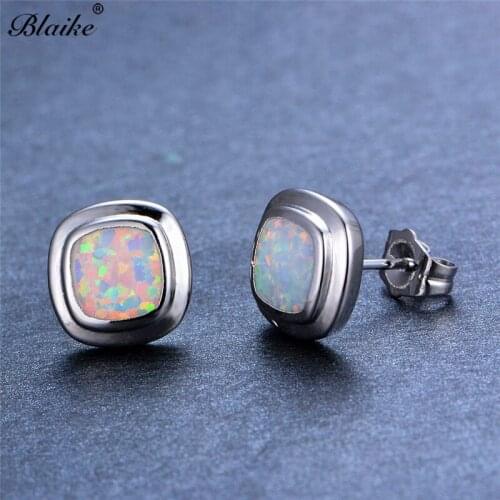 Blaike 925 Sterling Silver Earring Square White/Blue Fire Opal Stud Earrings for Women Birthstone Earring Simple Fashion Jewelry