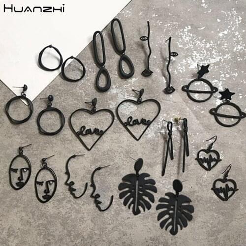 HUANZHI 2019 New Simple Abstract Design Matte Black Metal Line Human Face Leaf Geometric Earrings for Women Girl Party Jewelry