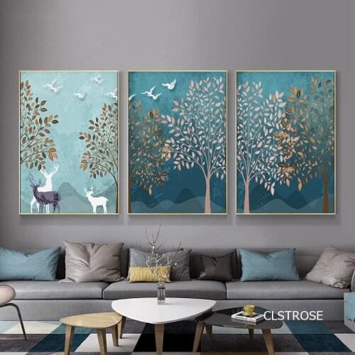 Nordic Modern Style Quiet Deep Cartoon Big Tree Deer Posters Art Canvas Pictures For Living Room Decorative Painting Unframed