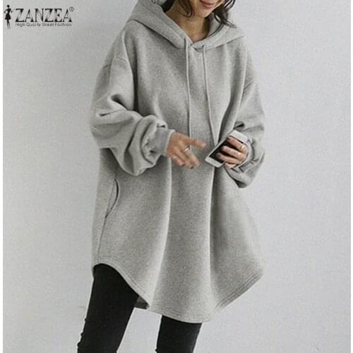 Fashion Womens Hoodies 2021 Autumn Long Sleeve Sweatshirts ZANZEA Casual Solid Loose Long Drawstring Oversized Streetwear