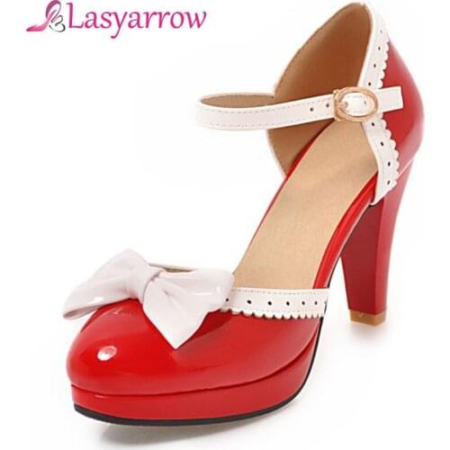 Lasyarrow Ladies Patent Leather Platforms Lady Fashion Lolita Shoes Bow tie High Heel Shoes Woman Wedding Shoes size 32-48 RM580