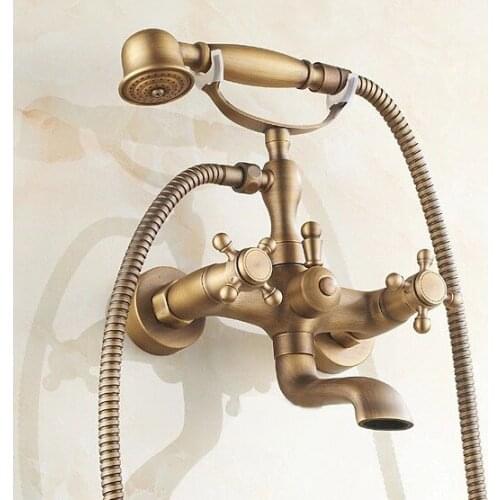 Vintage Antique Brass Wall Mount Bathroom Tub Faucet Set with 1.5M Handheld Shower Spray Head Bath Mixer Tap 2tf151