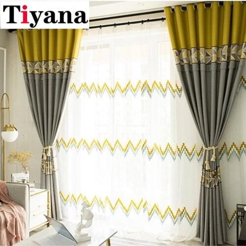 Grey/Yellow Splice Wave Embroidered Curtain Simple Nordic Style Living Room Bedroom Geometric Blackout Curtain ZH063D