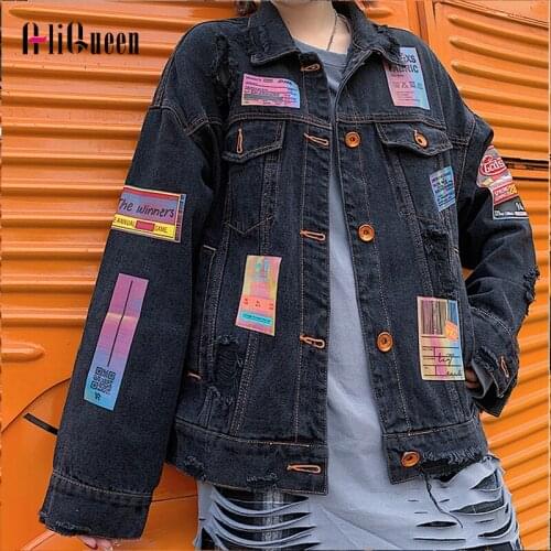 Harajuku Streetwear Black Appliques Denim Jacket Women Hip Hop Patch Designs Female Jeans Coat 2020 Casual Loose Cowboy Outwear