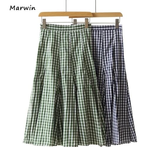 Marwin&Friend Spring Summer Printing Plaid Pattern Empire Elastic Women A-Line Two Color High Street Style Skirts