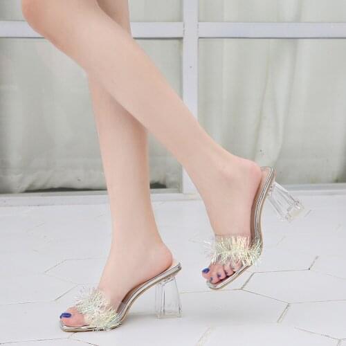 PVC Sweet Office Pumps Square Toe Color Fringed Crystal Thick Heel Sandals Summer Large Size 35-46 Transparent Women High Heels