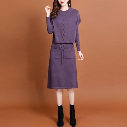 Autumn Women Knitted 2 Piece Sets Sweater Long Sleeve Pullover Button Top Winter Elastic Office Ladies Midi Skirt Outfits 2020