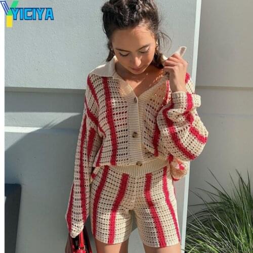 Stripe Loose Autumn Winter Red Casual V Neck Oversized Y2K Knitted Long Sleeve Crop Top Two Piece Set Fashion Cardigan Women