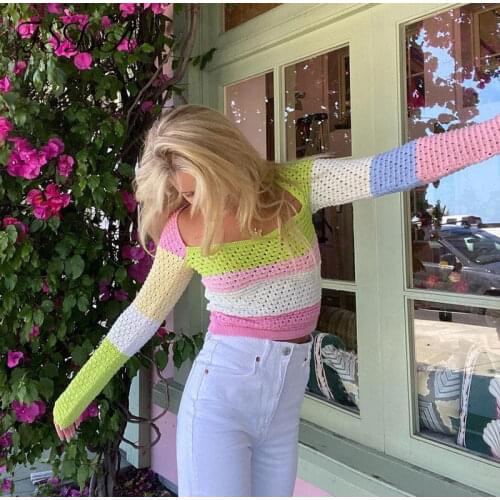 2021 New Autumn Winter Women Elegant Patchwork Strip Knitted Sweaters Retro Female O Neck Aesthetic Tops Long Sleeve Jumpers Y2k