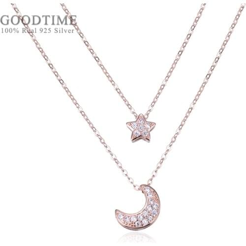 Fashion Women 925 Sterling Silver Necklaces For Girl Star & Moon Zircon Pendant Necklaces Chain Necklace Jewelry Accessory