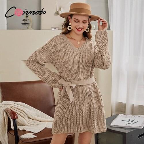 Conmoto Casual v-ncck women knitted dress Autumn winter long sleeve lace up mini dress Solid color straight female sweater dress
