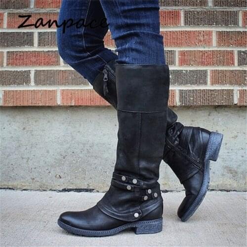 ZANPACE 2020 Winter Womens Boots Large Size 43 PU Round Toe Zip Women Shoes Leather Warm Womens High Boots Zapatos De Mujer