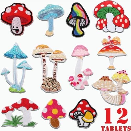 12Patterns/Pack Mushroom Design Embroidery Patch Fabric Sticker Set For DIY Clothing Bags Decoration Fabric Adhesive Label