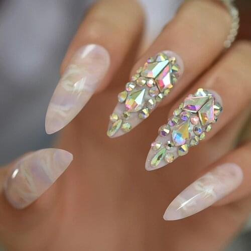 3D Luxe Bling Glitter AB Gems French Stiletto Sharp False Fake Nails Extra Long Press on Party Finger Wear 24pc Pink Marble