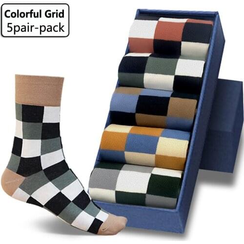 5Pair-pack New Mens Socks Colorful Grid Sock Casual Business High Quality Happy Combed Cotton Socks Fashion Gentleman Socks Men