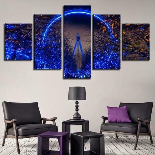 5 Pcs Blue ferris wheel at Night Glow Canvas Pictures Print Wall Art Canvas Paintings Wall Decorations for Living Room Unframe